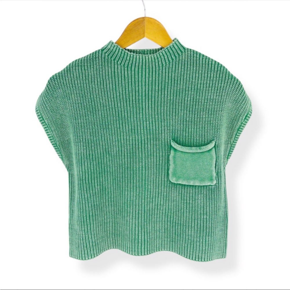 Zenana Kelly Green Cropped Knit Sweater Top with Pocket - Picture 1 of 1